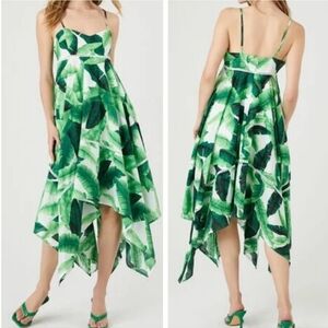 Forever 21 Green Tropical Leaf Handkerchief Midi Dress Size S NWT